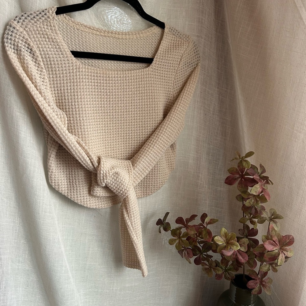 Waffle knit cream long sleeve crop top